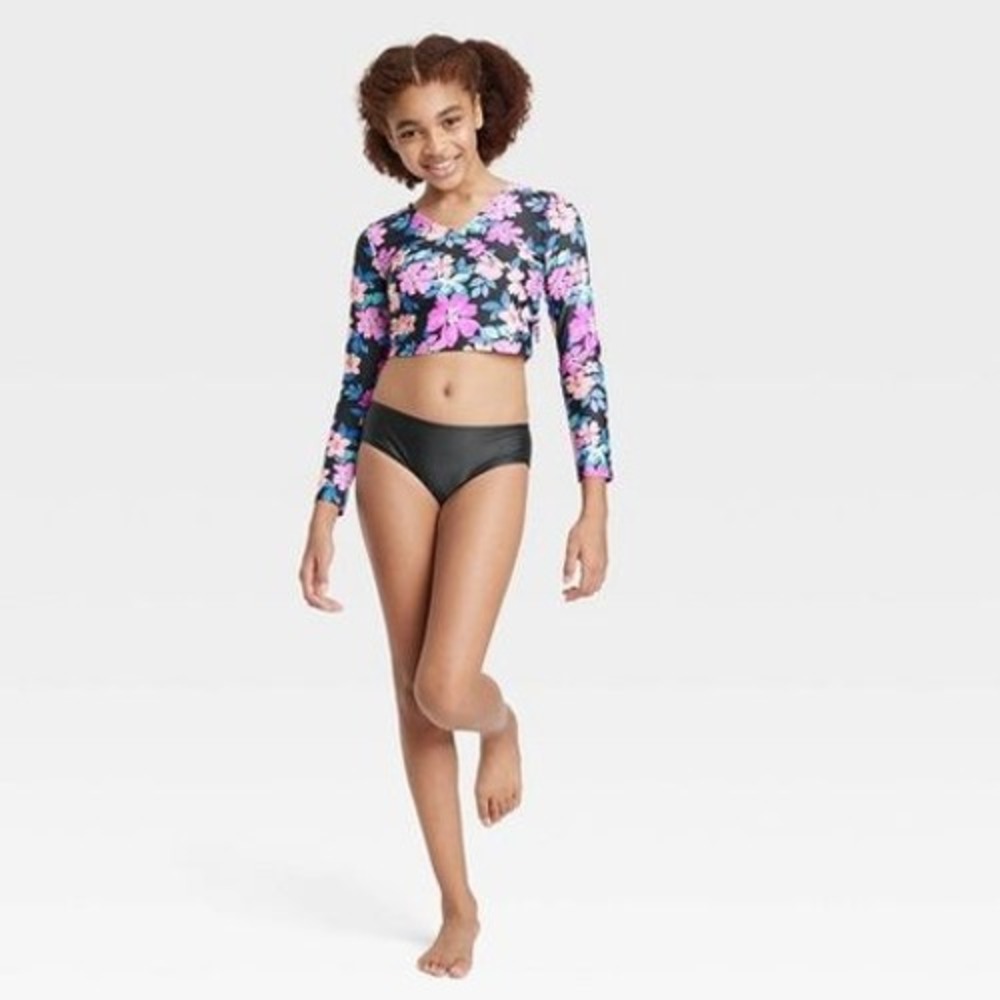 Art Class Girls 3-Piece Swimsuit Set Black Floral Rash Guard Bikini Small Sz6/7